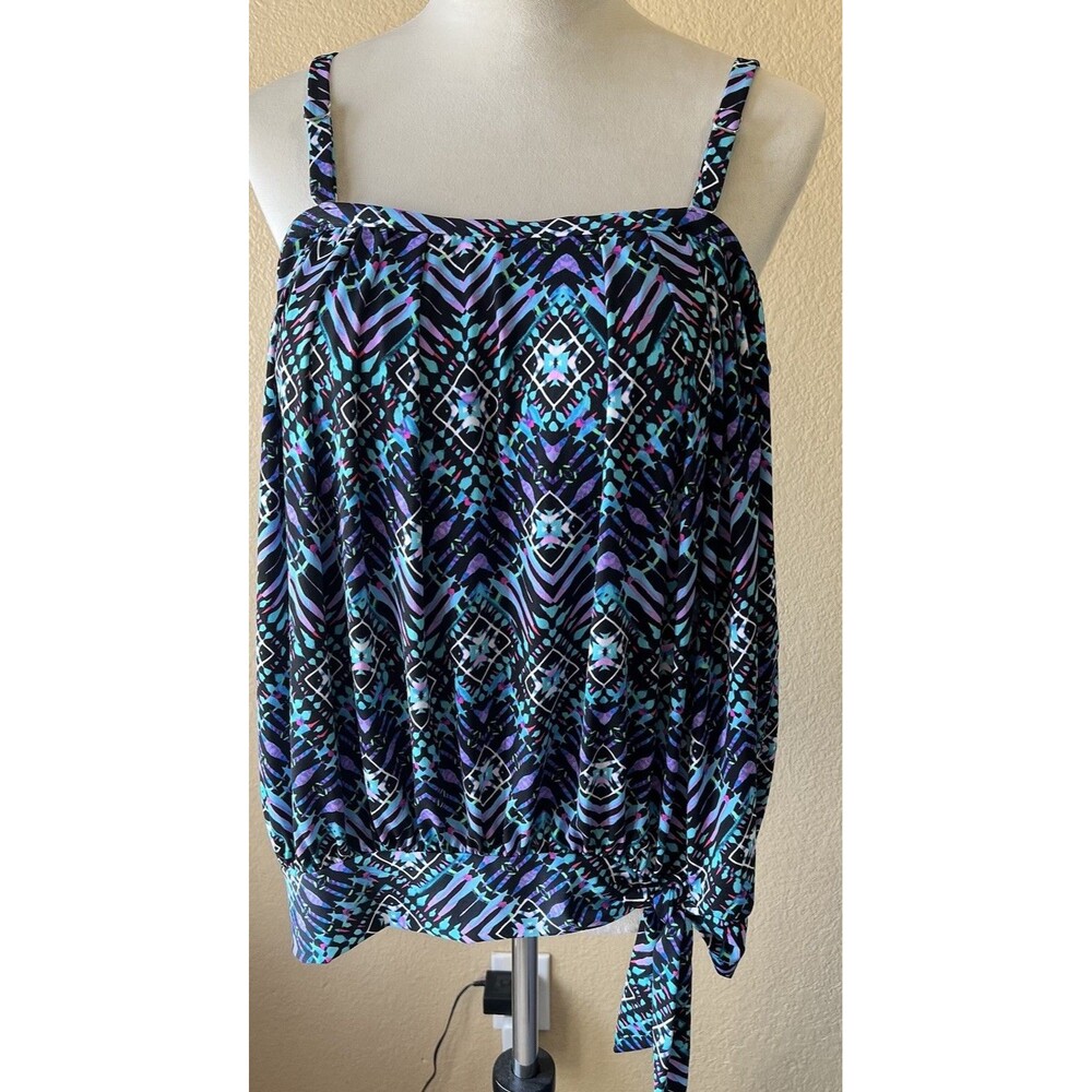 Parrot Bay Blouson Tankini Swim Top BLK Turquoise Purple Sz18